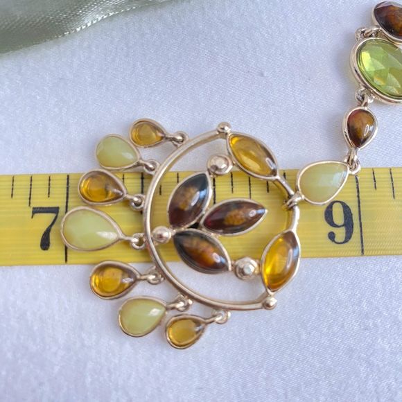 Dangling Pendant Necklace Brown Green Yellow Faceted StonesRibbon Neckline - Picture 11 of 13